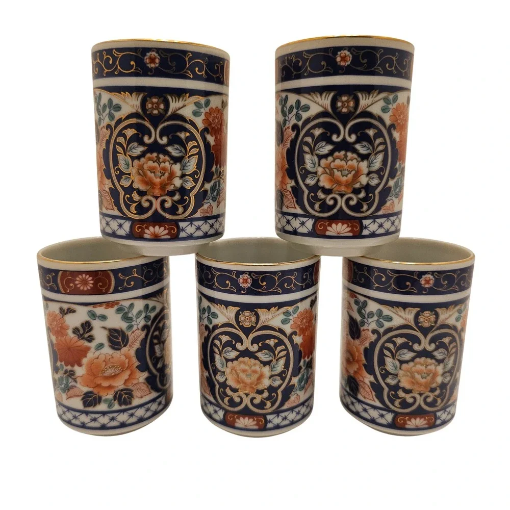 Vintage Japanese Imari Porcelain Tea Cups Set of 5 Floral Gold Gilt Yunomi Blue